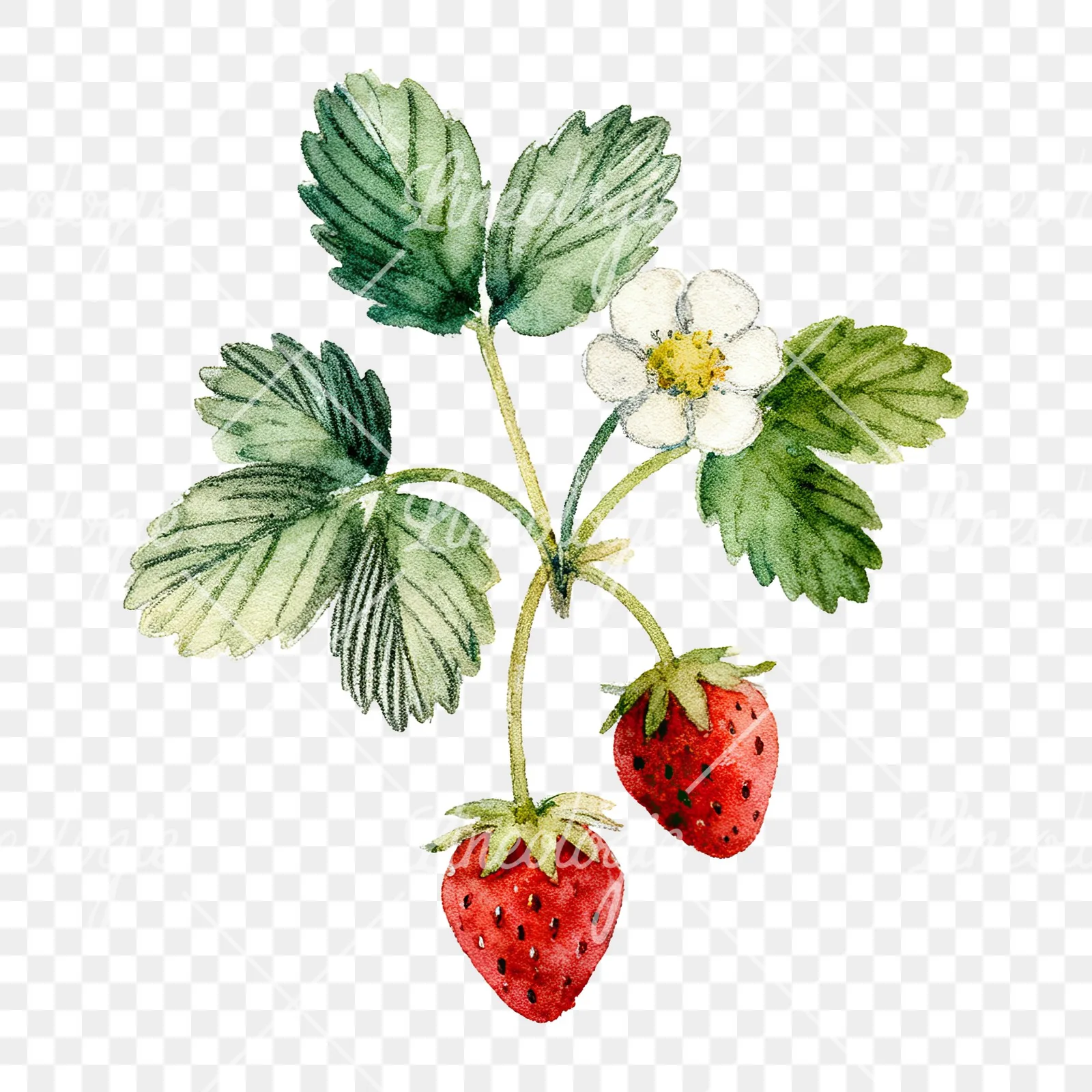 Watercolor strawberry plant clipart 8 of 9 on a transparent background (PNG)