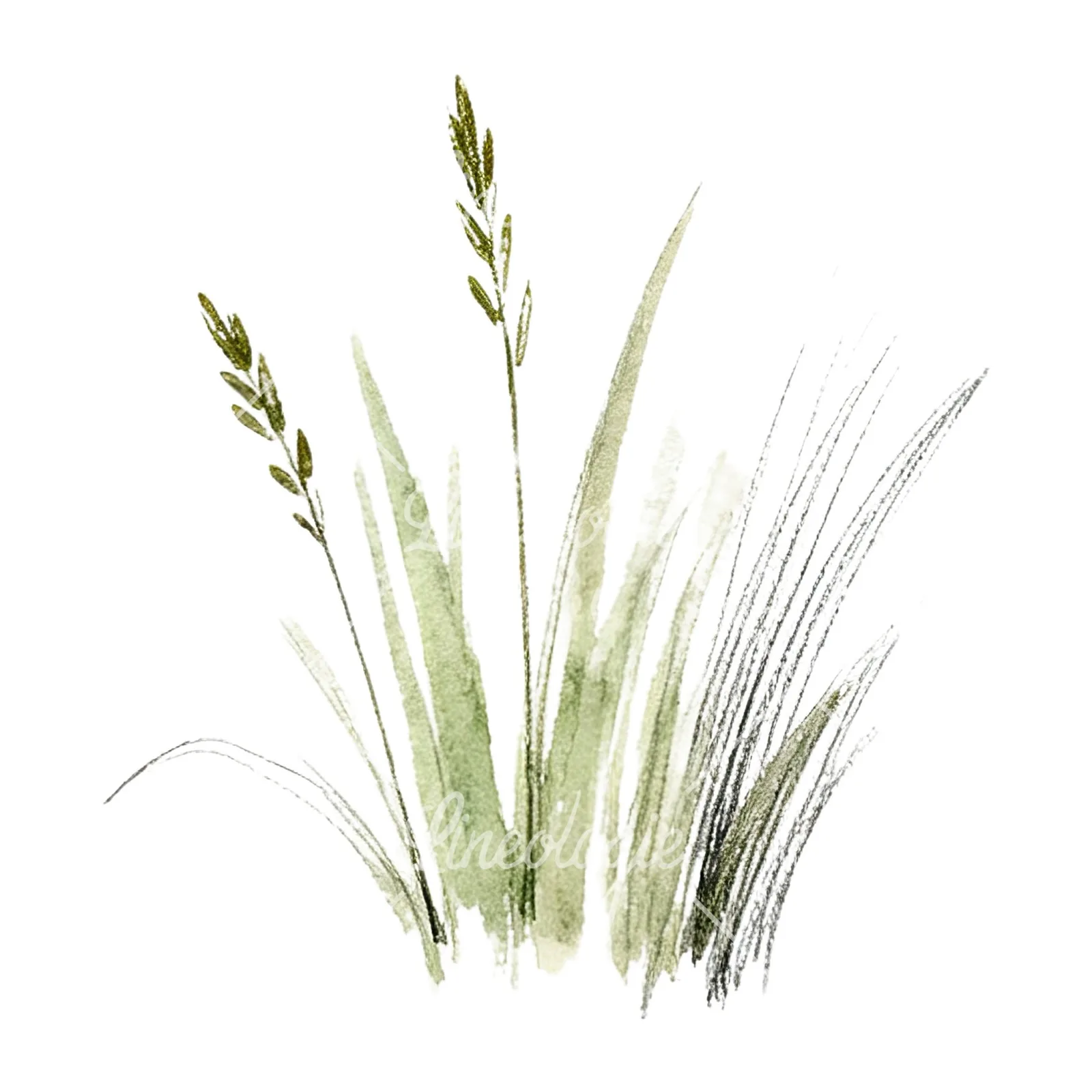 Watercolor grayscale and green wild grass clipart 4 of 12 on a white background (JPG)