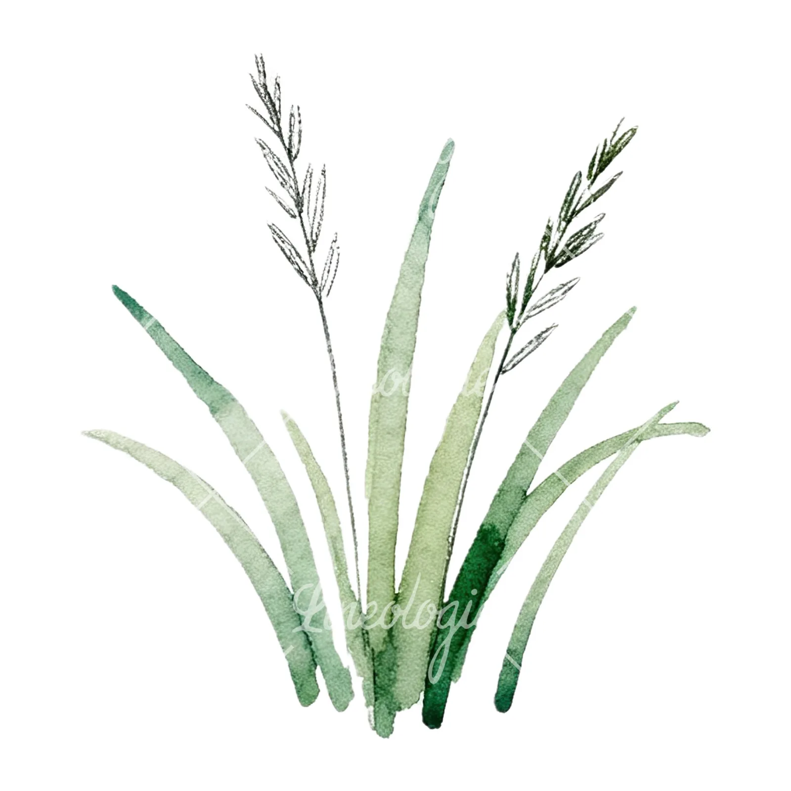Watercolor grayscale and green wild grass clipart 9 of 12 on a white background (JPG)
