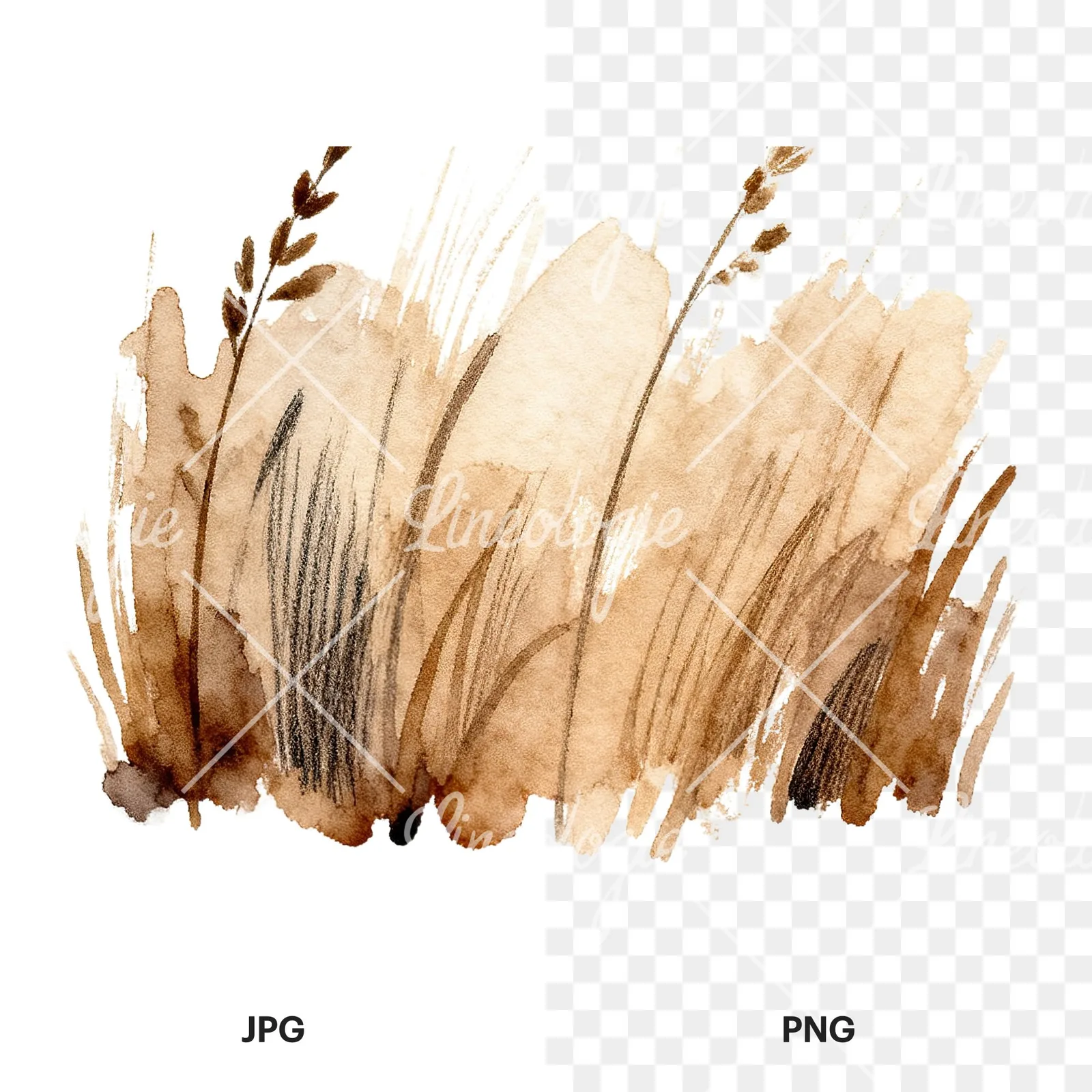 Watercolor dried grass scene clipart 1 of 6, as a JPG on white and a transparent PNG