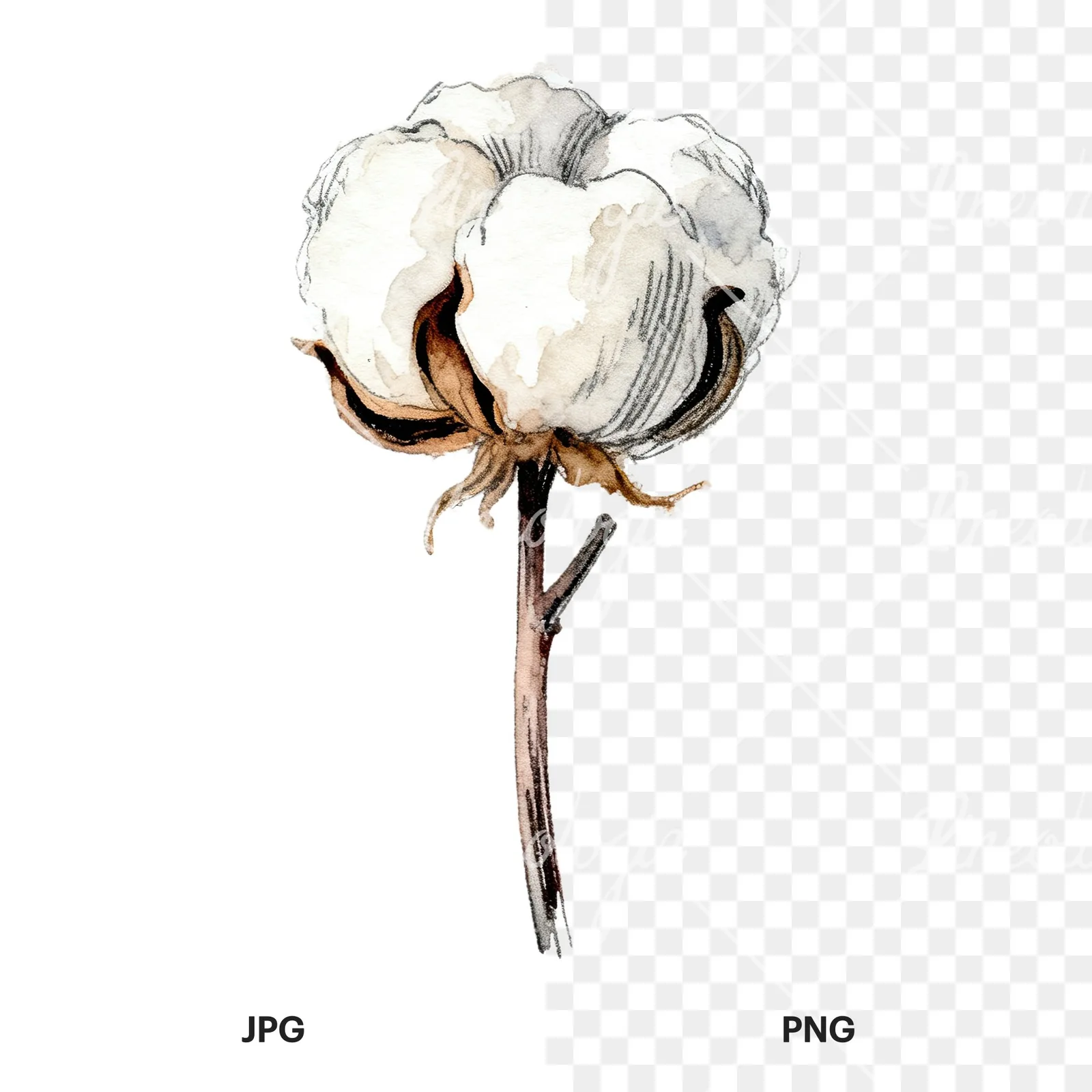 Watercolor cotton stem clipart 9 of 9, as a JPG on white and a transparent PNG