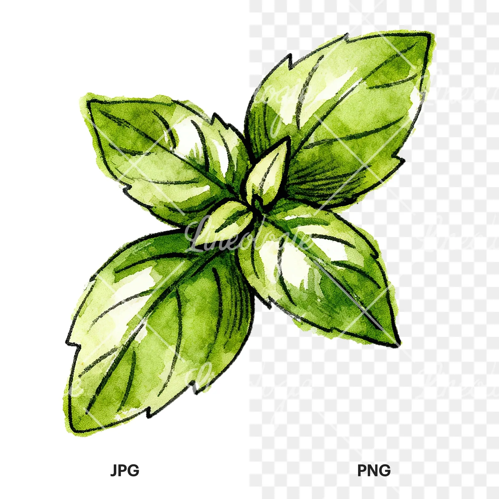 Watercolor basil leaf clipart 1 of 9, as a JPG on white and a transparent PNG