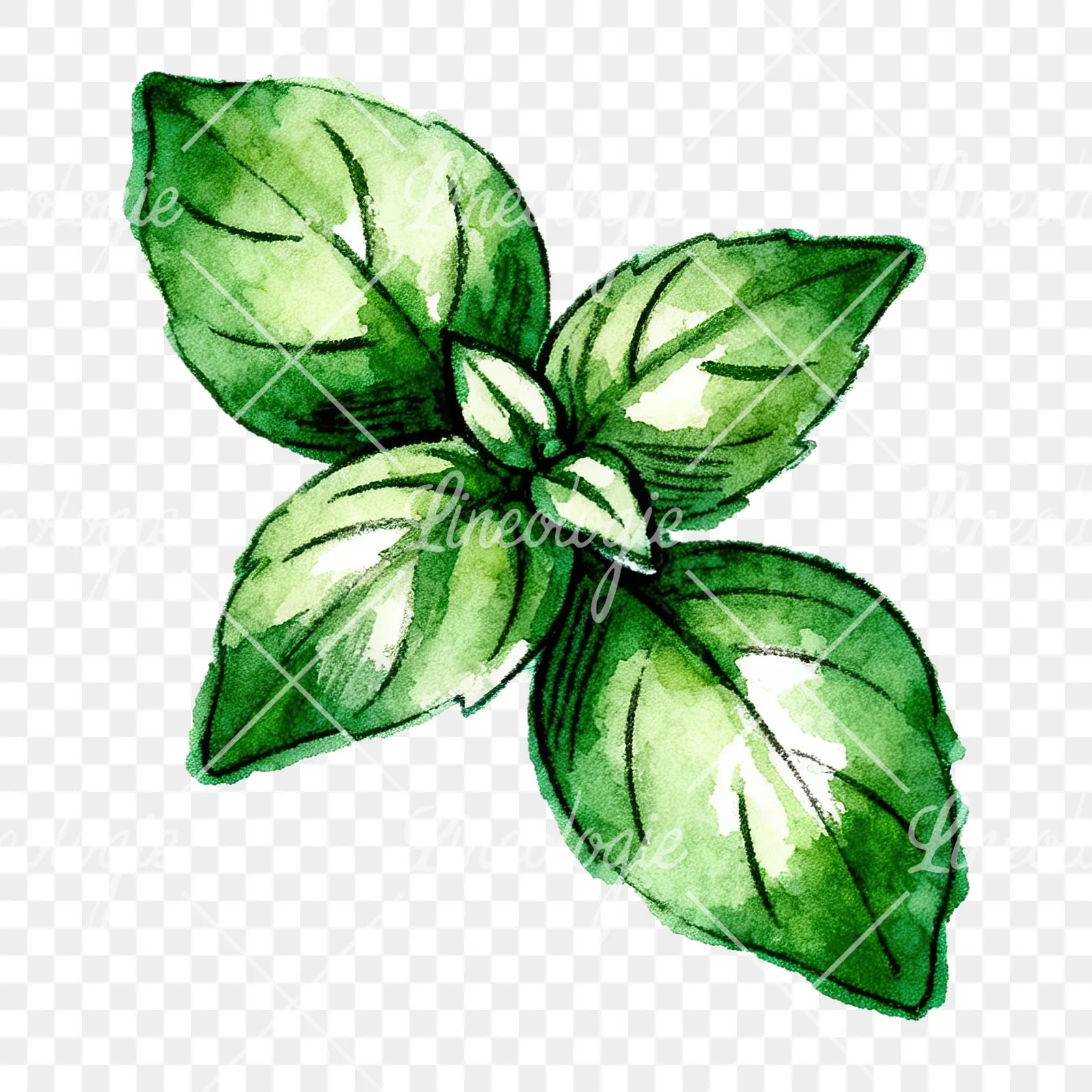 Watercolor basil leaf clipart 9 of 9 on a transparent background (PNG)