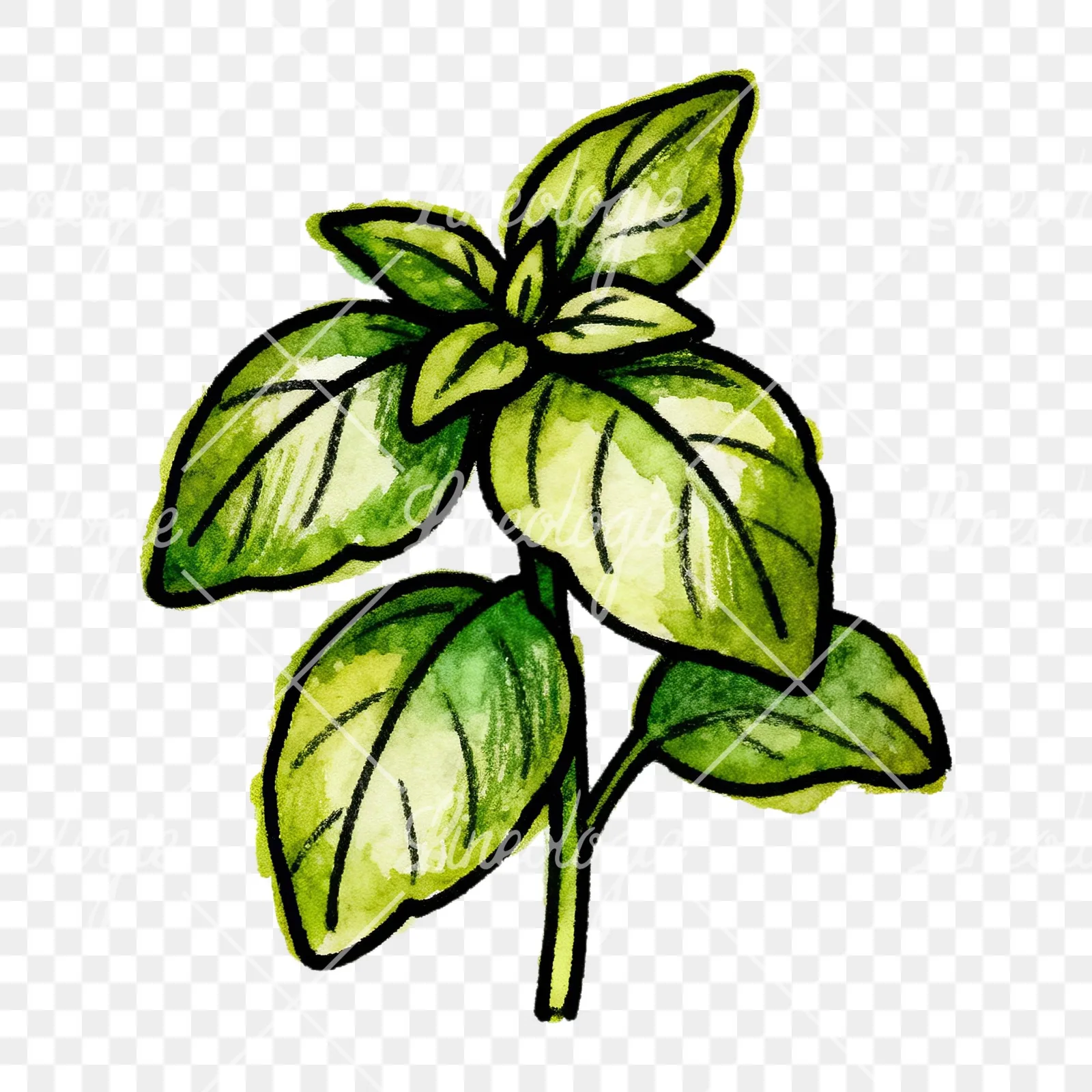 Watercolor green herb sprig clipart 5 of 9 on a transparent background (PNG)