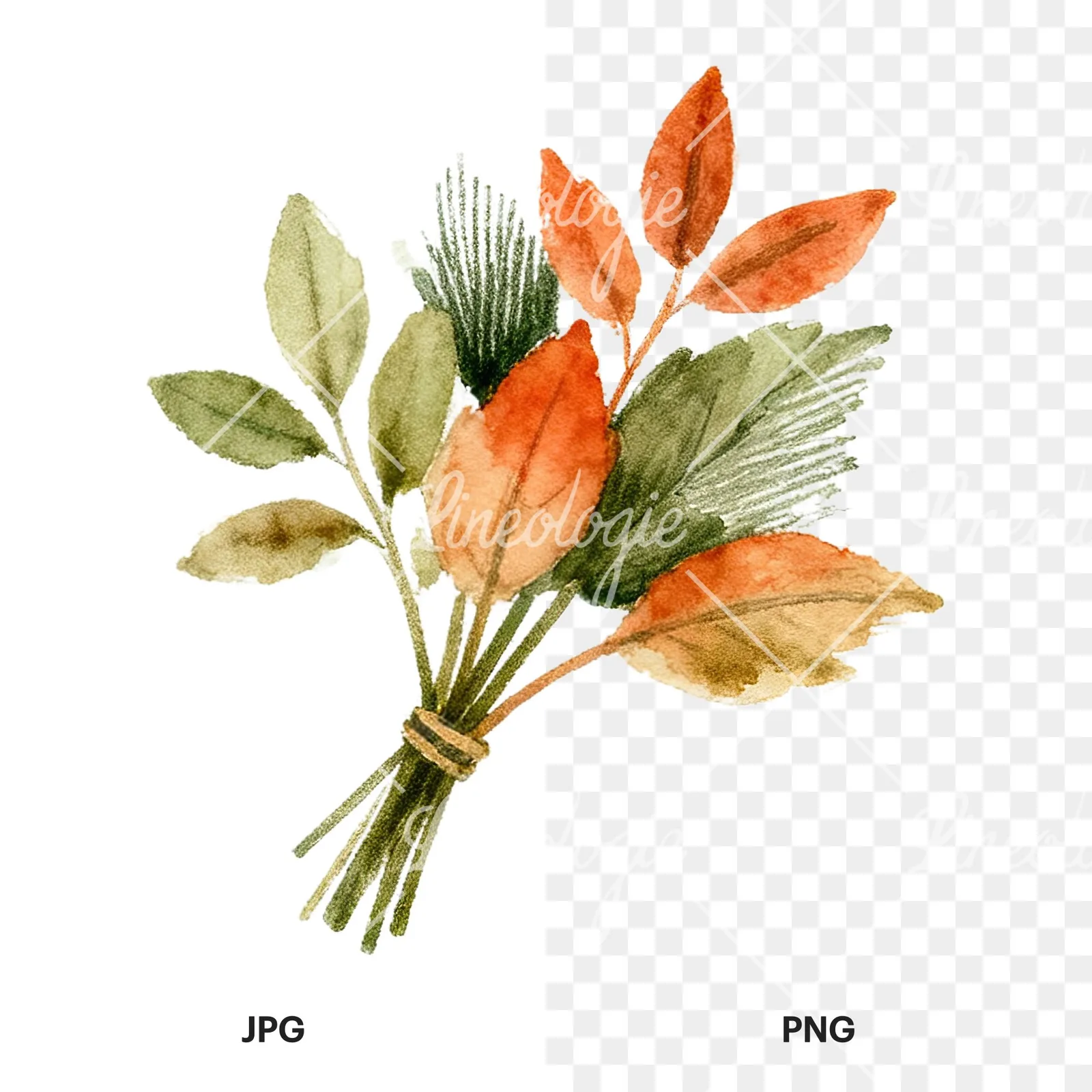 Watercolor autumn leaf bundle clipart 12 of 12, as a JPG on white and a transparent PNG