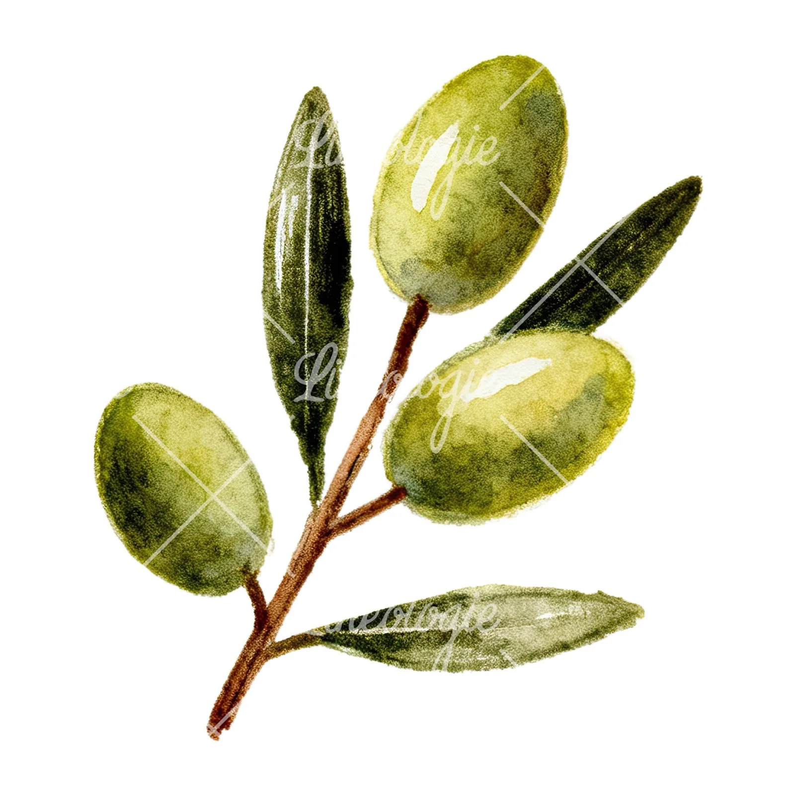 Watercolor olive branch with gray leaves clipart 4 of 12 on a white background (JPG)