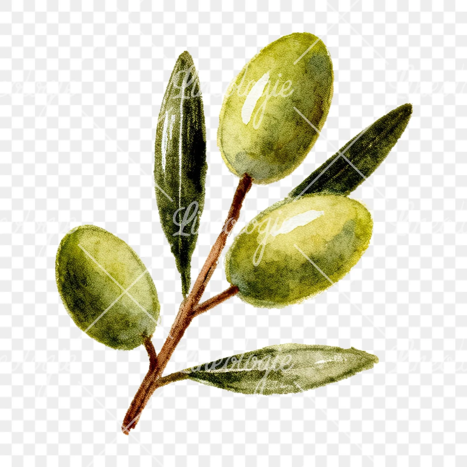 Watercolor olive branch with gray leaves clipart 4 of 12 on a transparent background (PNG)