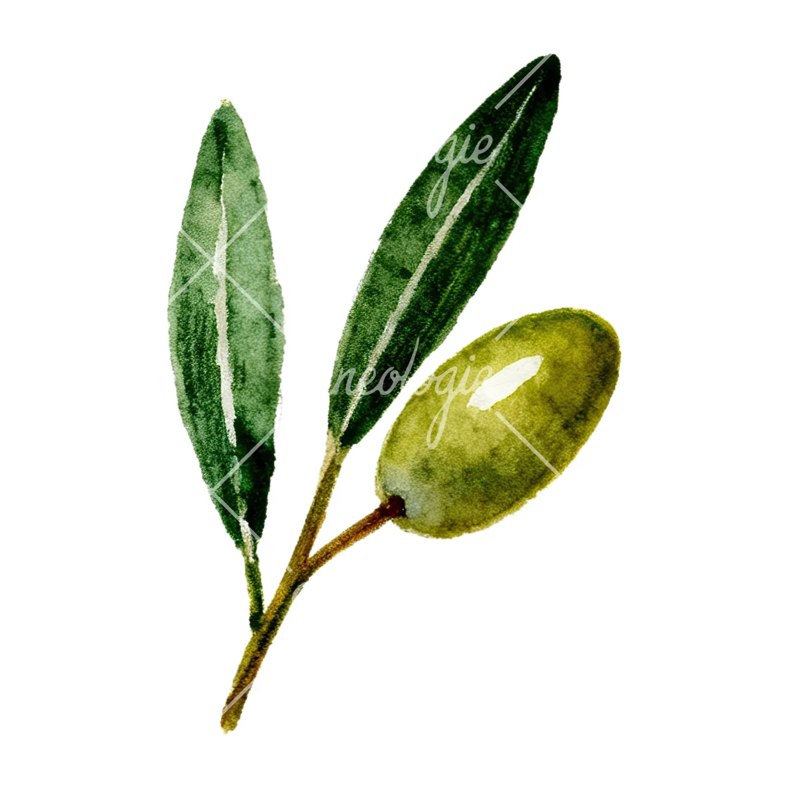 Watercolor olive branch with gray leaves clipart 5 of 12 on a white background (JPG)