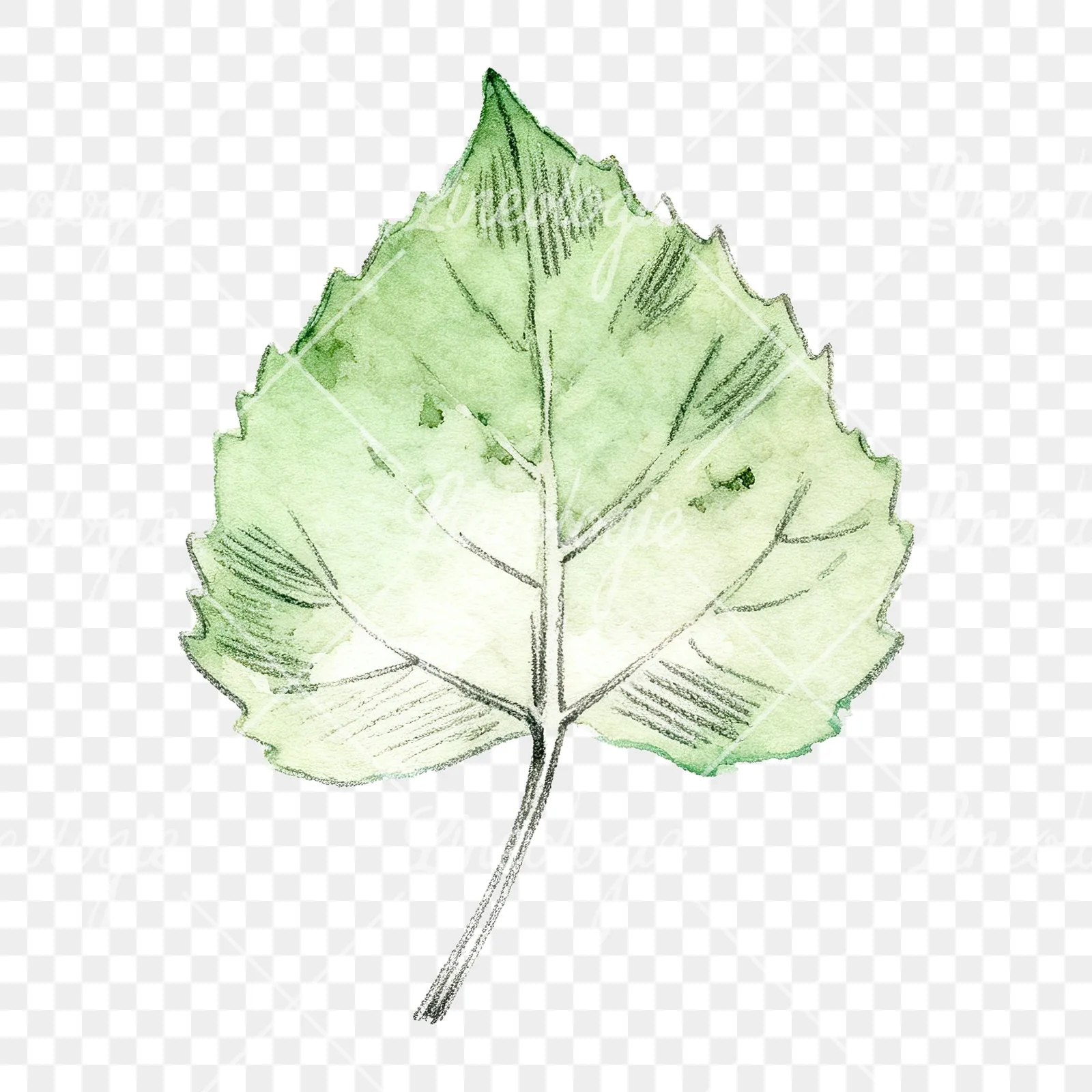 Watercolor light and dark green aspen leaf clipart 5 of 9 on a transparent background (PNG)