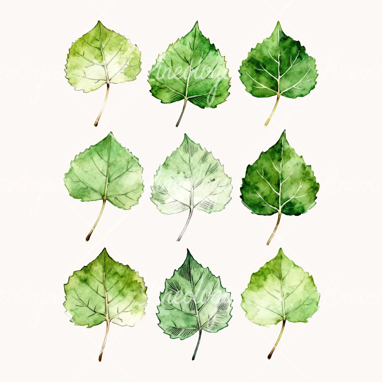 Watercolor Light and Dark Green Aspen Leaf Clipart, all 9 illustrations in the pack