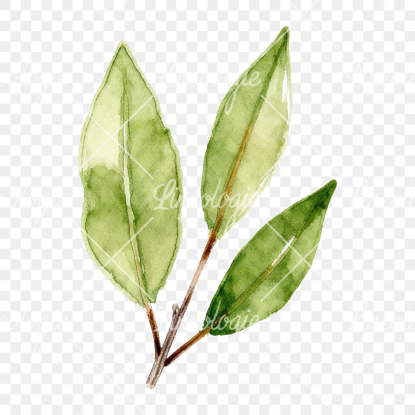 Watercolor bay leaf sprig clipart 4 of 9 on a transparent background (PNG)