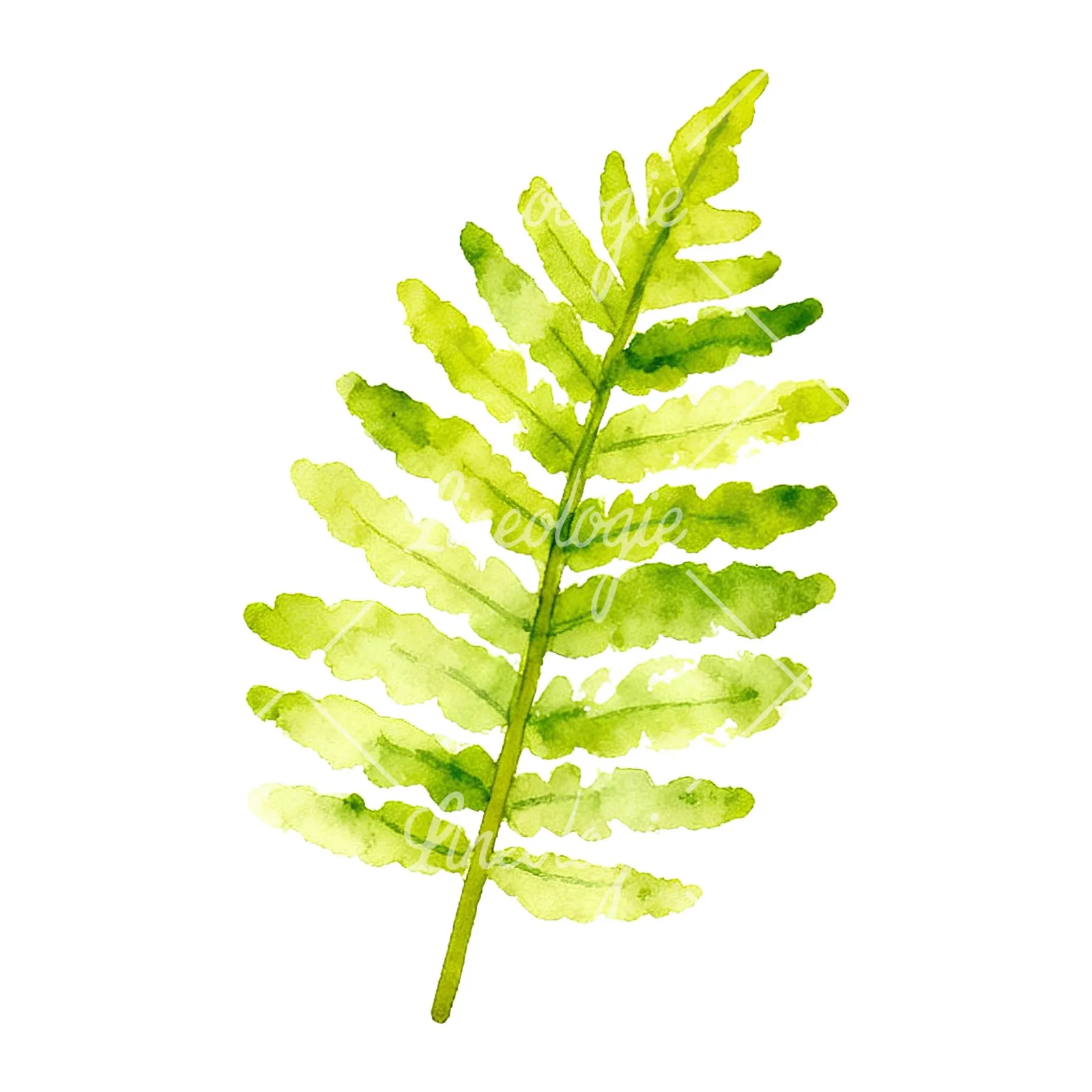 Watercolor yellow-green fern leaf clipart 2 of 9 on a white background (JPG)