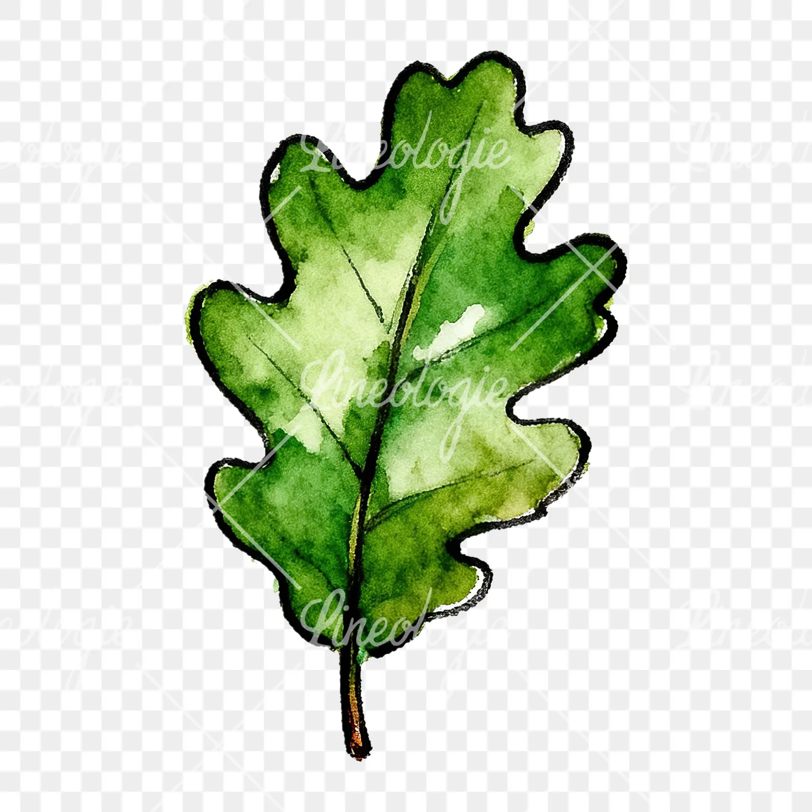 Watercolor green oak leaf pencil sketch clipart 6 of 9 on a transparent background (PNG)