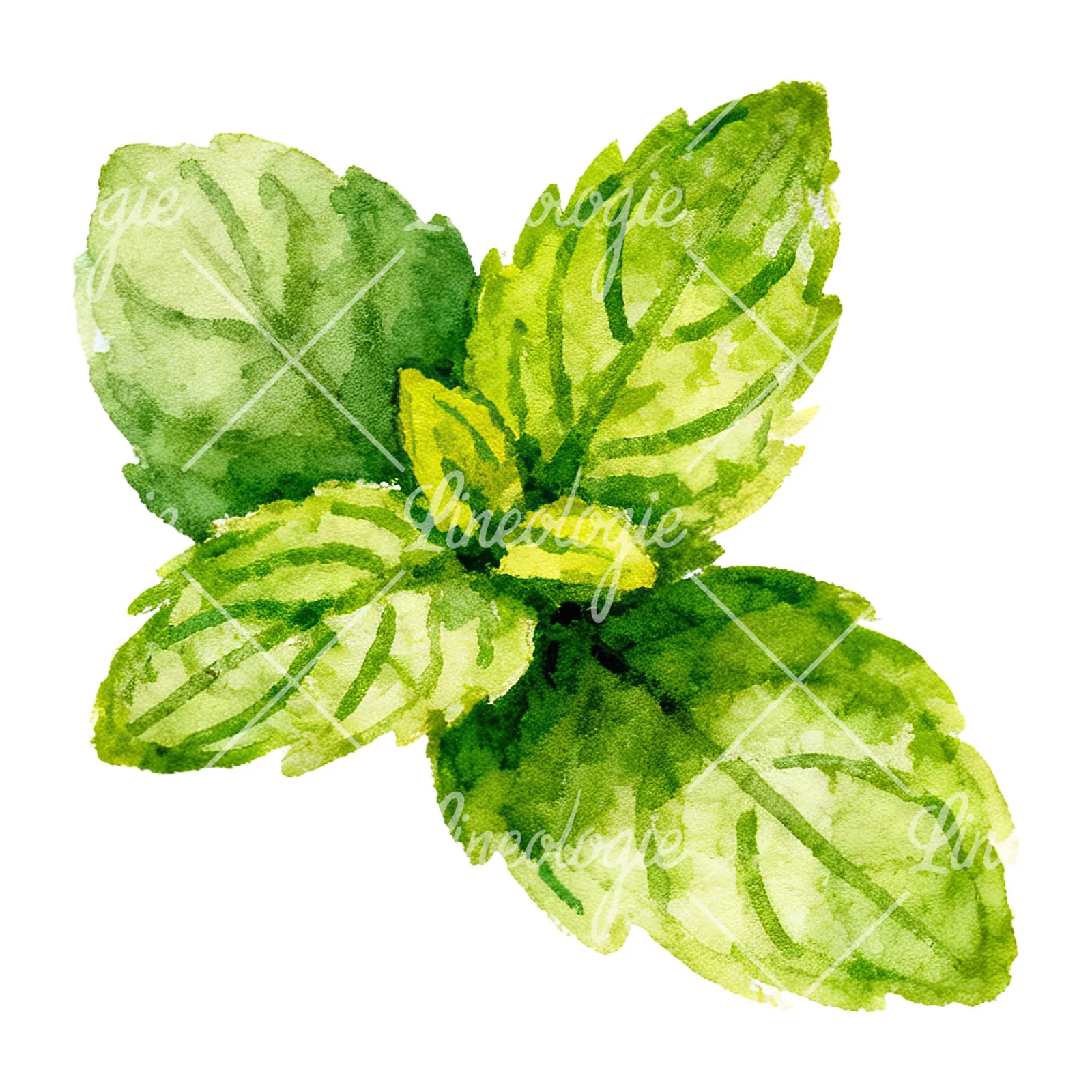 Watercolor mint leaf cluster clipart 5 of 9 on a white background (JPG)