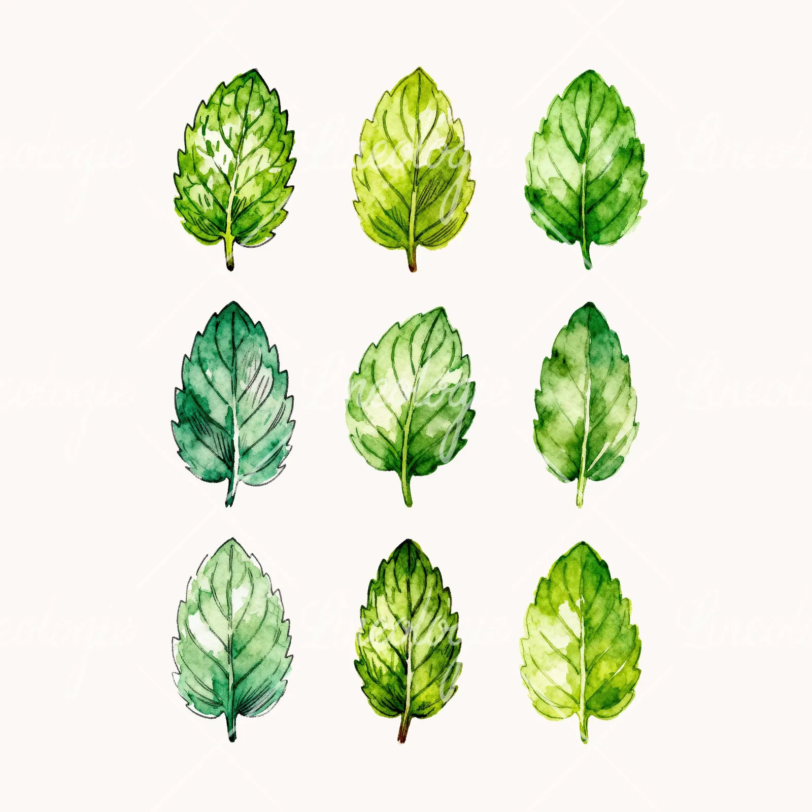 Watercolor Single Mint Leaf Clipart, all 9 illustrations in the pack
