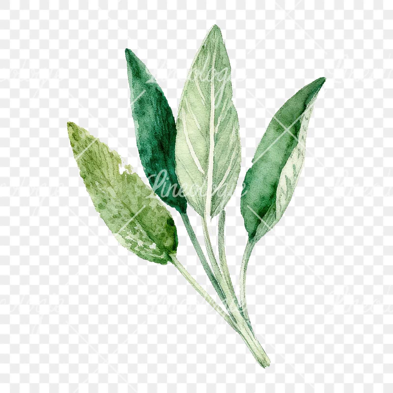Watercolor grayscale and green sage leaf clipart 1 of 9 on a transparent background (PNG)