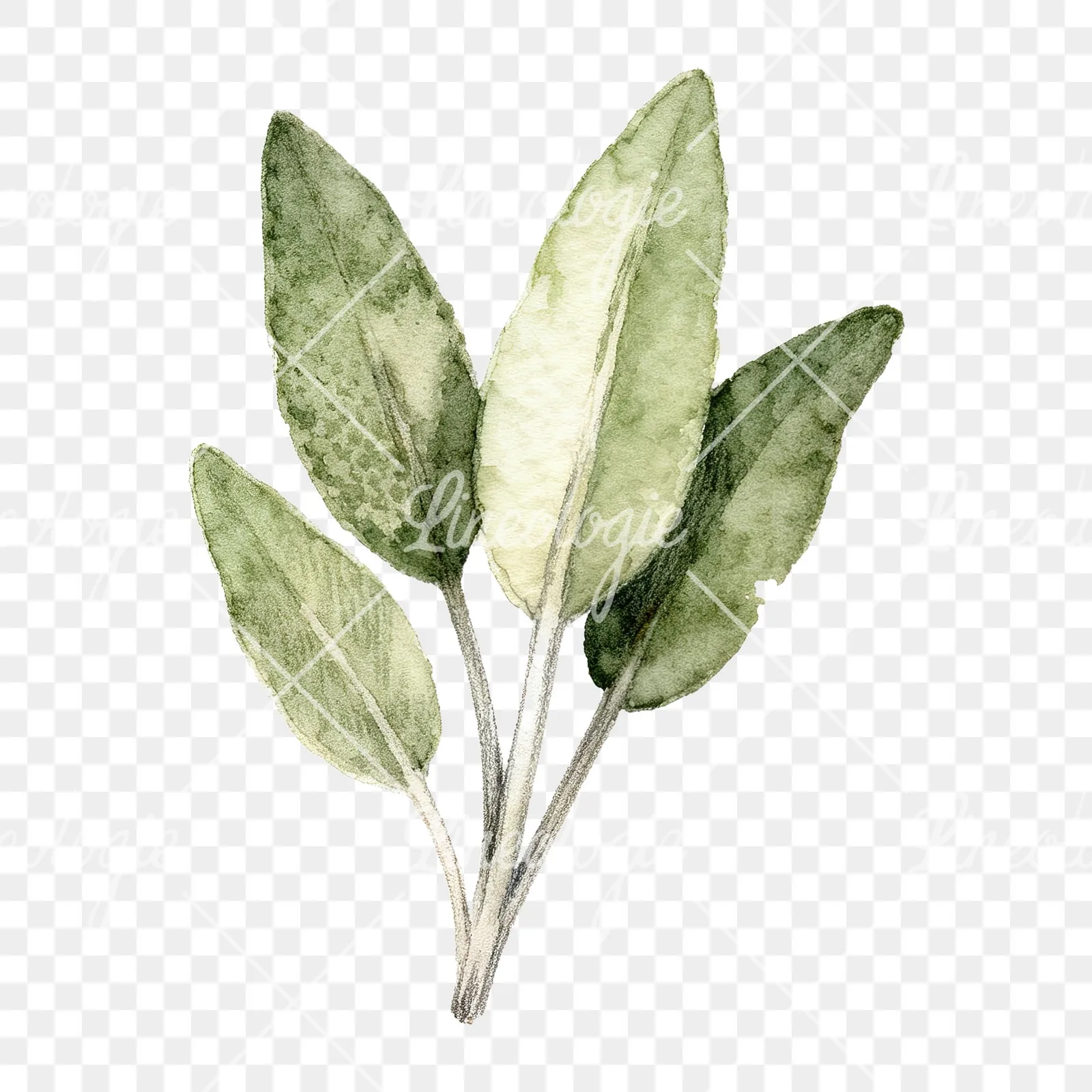 Watercolor grayscale and green sage leaf clipart 4 of 9 on a transparent background (PNG)