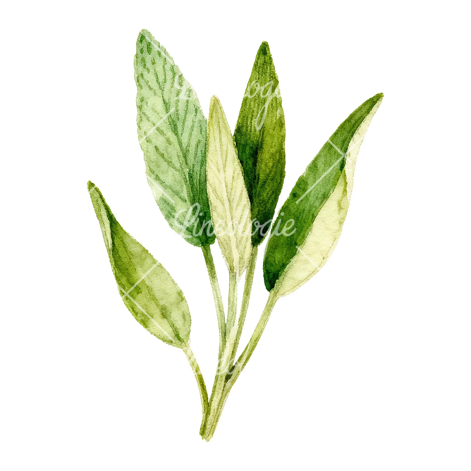 Watercolor grayscale and green sage leaf clipart 5 of 9 on a white background (JPG)