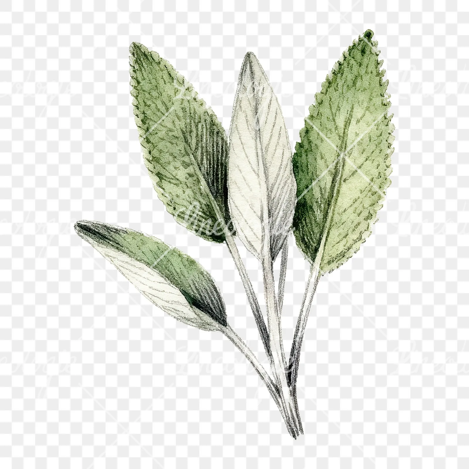 Watercolor grayscale and green sage leaf clipart 6 of 9 on a transparent background (PNG)