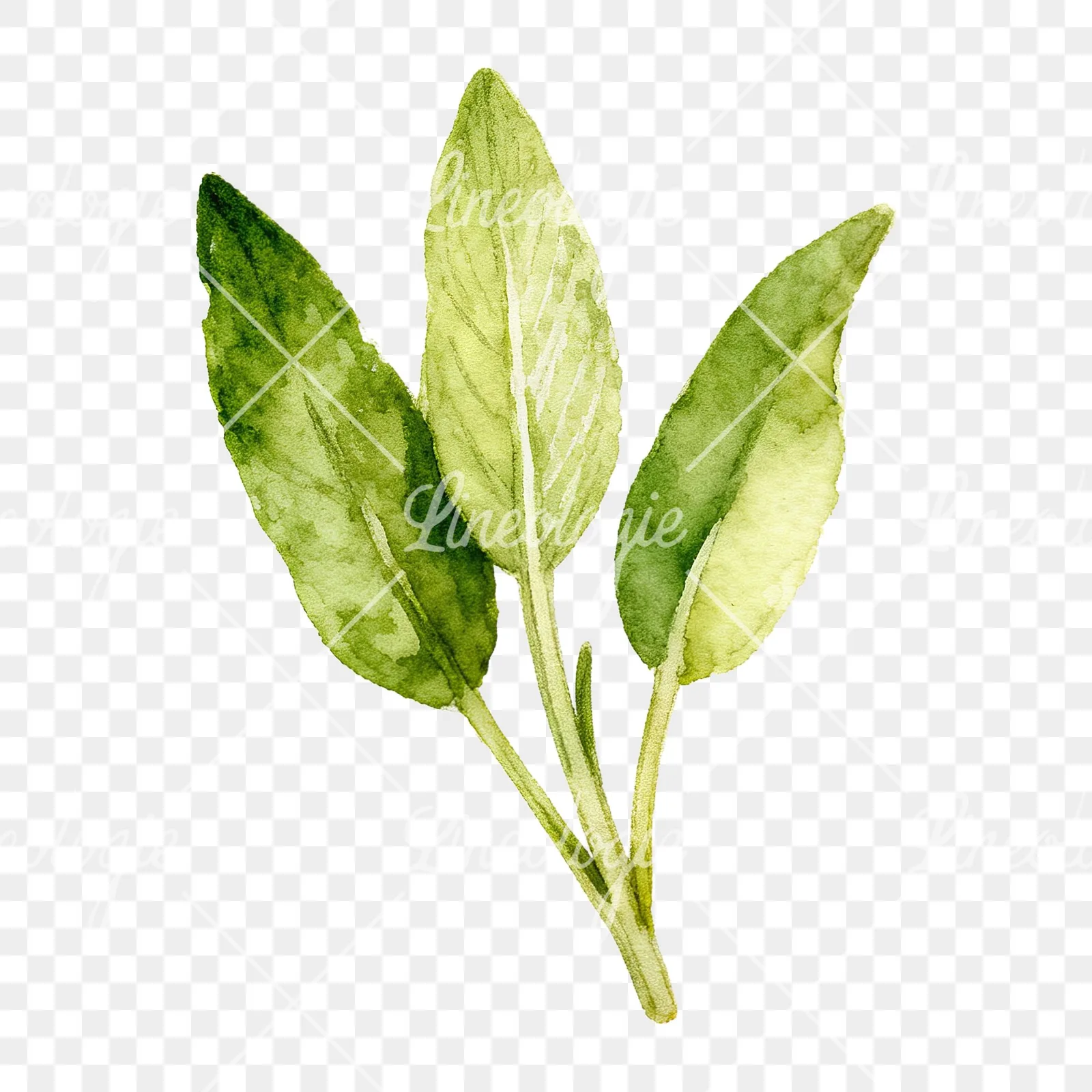 Watercolor grayscale and green sage leaf clipart 7 of 9 on a transparent background (PNG)