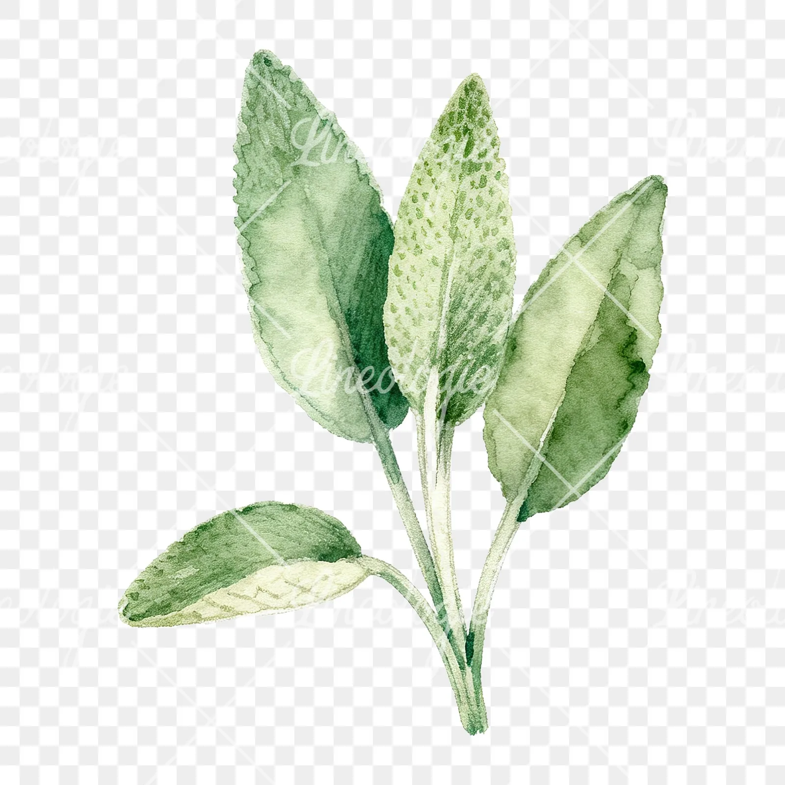 Watercolor grayscale and green sage leaf clipart 8 of 9 on a transparent background (PNG)