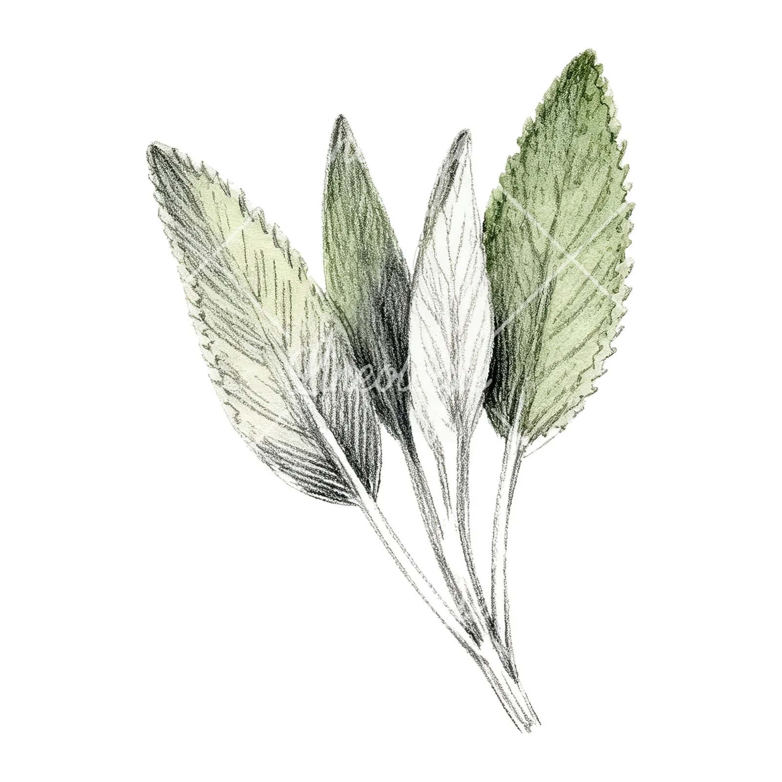 Watercolor grayscale and green sage leaf clipart 9 of 9 on a white background (JPG)