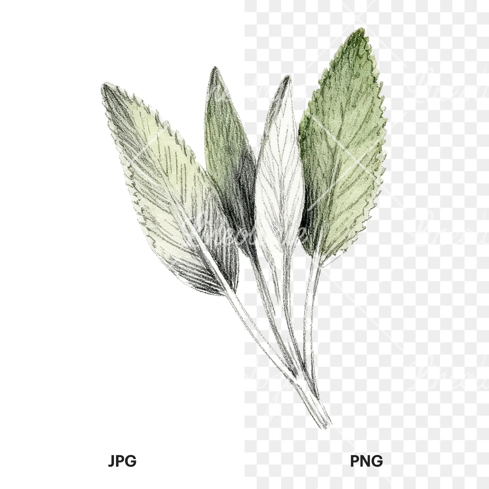 Watercolor grayscale and green sage leaf clipart 9 of 9, as a JPG on white and a transparent PNG