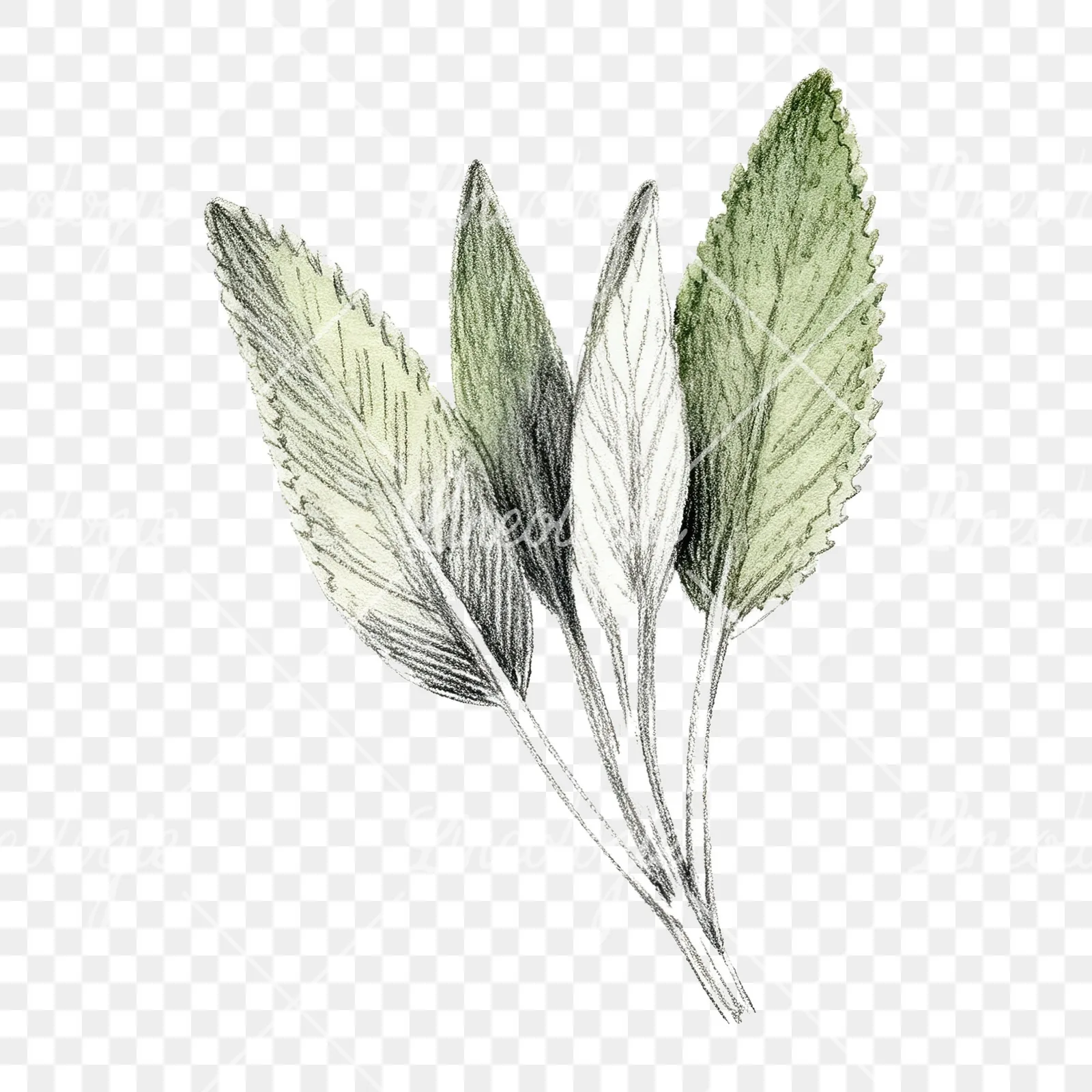 Watercolor grayscale and green sage leaf clipart 9 of 9 on a transparent background (PNG)